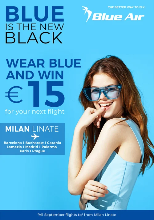 "Blue is the new black" campaign made by Blueair in which passengers who are dressed in blue will receive a voucher of 15euros.